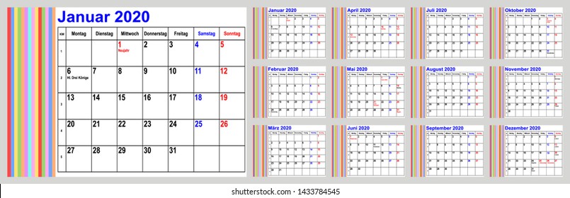 Calendar 2020 for Germany incl. national holidays, with colorful stripes in the left area. Set of all 12 months. Week starts Monday.