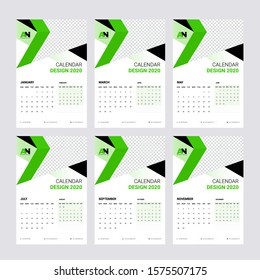 Calendar 2020. Green & Black Color Creative Calendar Design. 