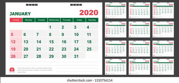 Calendar for 2020 green and red background