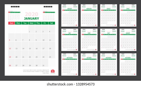 Calendar for 2020 green and red background