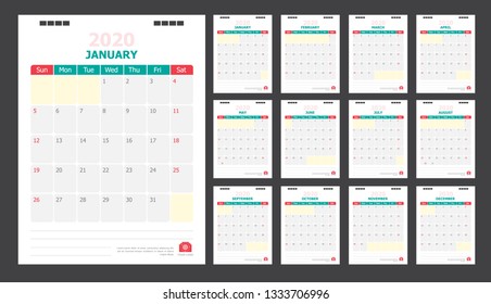 Calendar for 2020 green and red background