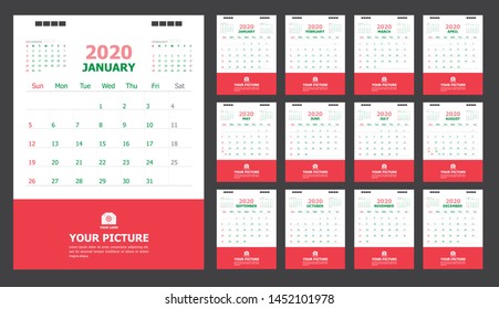 Calendar for 2020 green and red background