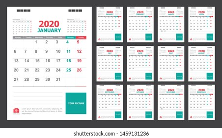 Calendar for 2020 green and red background