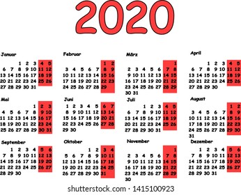 Calendar 2020 grid german language. Monthly planning for the year. Illustration for calendar design. Vector