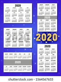 Calendar for 2020. Calendar grid. Horizontal and vertical calendars. Week Starts Sunday. 2020 calendar template