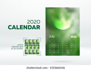 Calendar 2020 grid template on 12 months. Green colorful background and minimalistic design. Can be used for corporate mockups.
