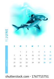 Calendario para 2020 con martillo. Plantilla de diseño de vectores con ilustraciones de animales marinos.