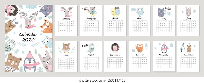 Calendar 2020 with hand drawn cute animals. Vector illustrations