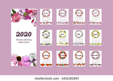 Calendar 2020 with hand drawn different flowers in sketch style. Set with floral wreaths and endless brushes for 12 month. Elegant botanical elements isolated on white background