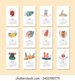 Calendar 2020 hand drawn doodle style pages. Winter season Christmas present, spring picnic, summer palm leaf and autumn pumpkin. Wall monthly calendar. Stock vector