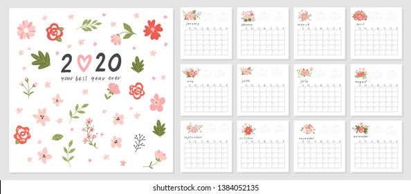 Calendar 2020 with hand drawn flowers. Cute printable creative template with floral elements. Redy to print. Vector illustrations