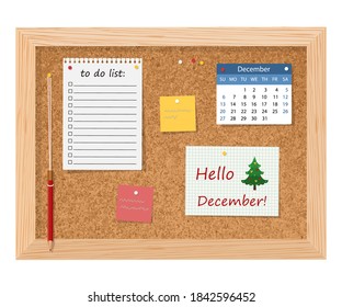 Calendar 2020. Hello, December! Cork board with to do list, adhesive notes and push pins.Vector illustration