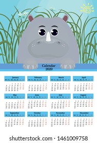 Calendar 2020. Hippo with dragonfly on grass and blue sky background, cartoon. The week starts on Monday,12 months on the page. Vector illustration.