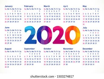 Calendar 2020 horizontal schedule layout with USA holidays. Xmas stained glass colorful numbers. Abstract isolated graphic design template. Calender title or greeting digits on white background