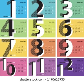 Calendar for 2020. Horizontal calendar template on multi-colored background with month numbers. New year. Editable vector file. English Monday to Sunday.planned
