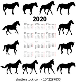 Calendar for 2020 of horse silhouettes isolated on white background