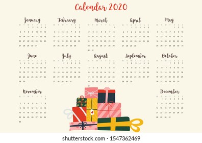 Calendar 2020 and illustration of gift boxes
