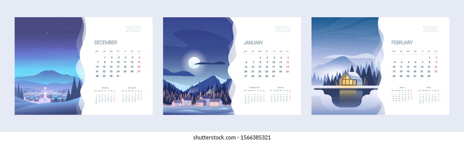 Calendar for 2020 with an illustration of nature. Three months of winter.