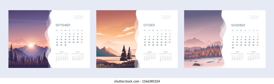 Calendar for 2020 with an illustration of nature. Three months of autumn.