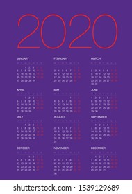 Calendar for 2020, isolated on background. Vector, EPS10.