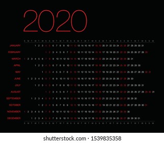 Calendar for 2020, isolated on background. Vector, EPS10.