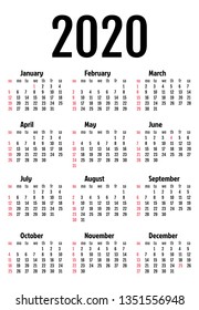 Calendar for 2020 isolated on a white background. Sunday to Monday, business template. Vector illustration