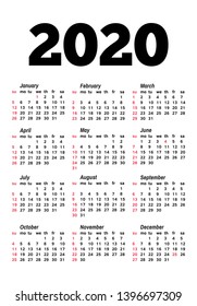 Calendar for 2020 isolated on a white background. Sunday to Monday, business template. Vector illustration