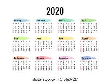 Calendar for 2020 isolated on a white background. Sunday to Monday, business template. Vector illustration