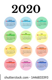 Calendar for 2020 isolated on a white background. Sunday to Monday, business template. Vector illustration