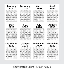 Calendar for 2020 isolated on a white background. Sunday to Monday, business template