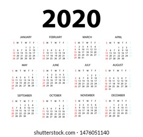Calendar 2020 Isolated on White Background. Week starts from Sunday. Vector Illustration.