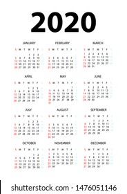 Calendar 2020 Isolated on White Background. Week starts from Sunday. Vector Illustration.