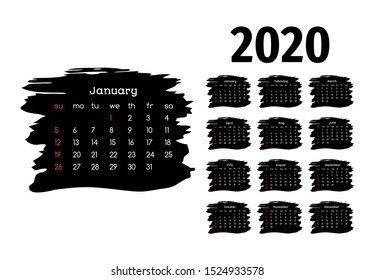 Calendar for 2020 isolated on a white background. Sunday to Monday, business template. Vector illustration