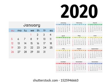 Calendar for 2020 isolated on a white background. Sunday to Monday, business template. Vector illustration