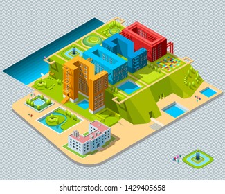 Calendar 2020 isometry. Isometric architectural figures, numbers. Vector isometric city center map.