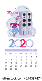 Calendar 2020. June. Funny little mouse musician. Music party. DJ Speaker System. Entertainment show.