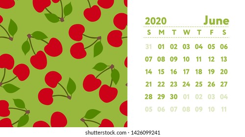 Calendar 2020. June month. Vector English wall calender. Cherry or merry seamless pattern. Hand drawn fruits sketch