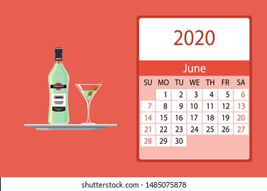 Calendar 2020. June monthly calendar decorated with cute martini bottle. Vector illustration