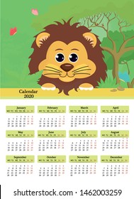 Calendar 2020. Lion on the background of nature. Cartoon cute lion cub in the forest with butterflies vertical poster. The week starts on Monday. 12 months on the page. Vector illustration.