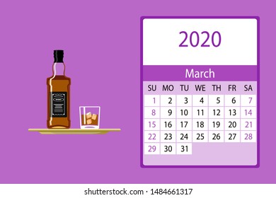 Calendar 2020. March monthly calendar decorated with cute whiskey bottle. Vector illustration