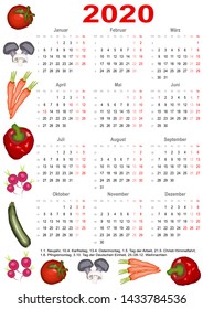 Calendar 2020 with markings and below a list of public holidays for Germany and edged with various vegetables