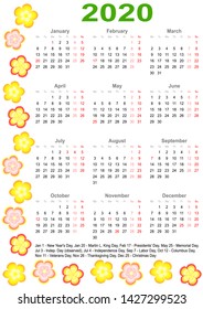 Calendar 2020 with markings and a list of public holidays for the USA edged with colorful flowers