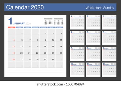 Calendar 2020 minimal design template. Desk Calendar modern design with light blue and grey color. For new year, holiday event, planner, diary. Week starts Sunday. Vector illustration.