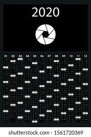 Calendar for 2020. Monochrome colors. White and black. All year on one page. Striped months. Free space for a photo, text or graphic. Black background and white numbers, red holidays - sundays