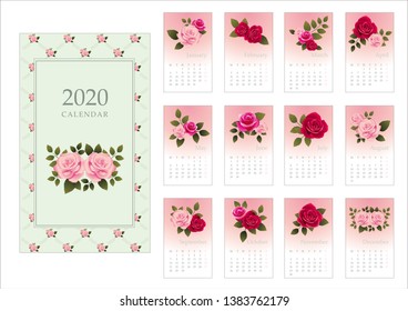 Calendar 2020. Monthly calendar with antique roses. Hand drawn style illustration. Vector collection.