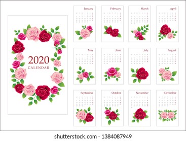 Calendar 2020. Monthly calendar with antique roses. Hand drawn style illustration. Vector collection. 