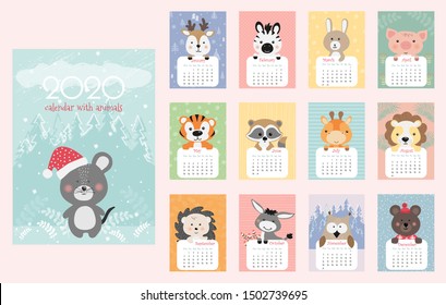 Calendar 2020. Monthly calendar with cute forest animals. Hand drawn style characters.Vector illustration.