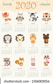 Calendar 2020. Monthly calendar with cute forest animals. Hand drawn style characters.Vector illustration.