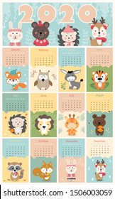 Calendar 2020. Monthly calendar with cute forest animals. Hand drawn style characters.Vector illustration.