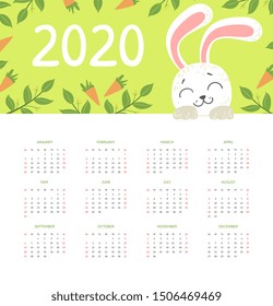 Calendar 2020, Monthly Calendar with Cute Funny Bunny Vector Illustration